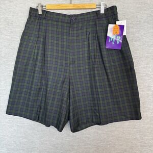 VTG Navy Blue Green Plaid Shorts Pleated Women's Plus 18 Preppy Academic USA